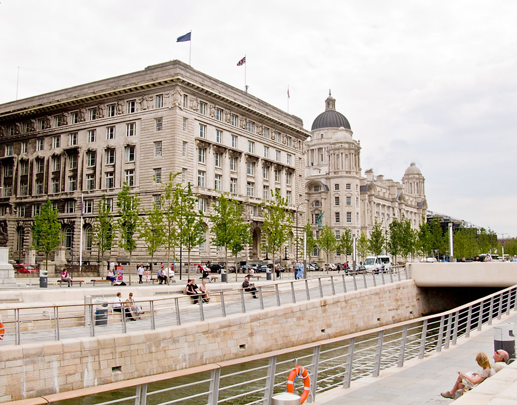 New canal extension passing the Cunard and MDHB Buildings Liverpool