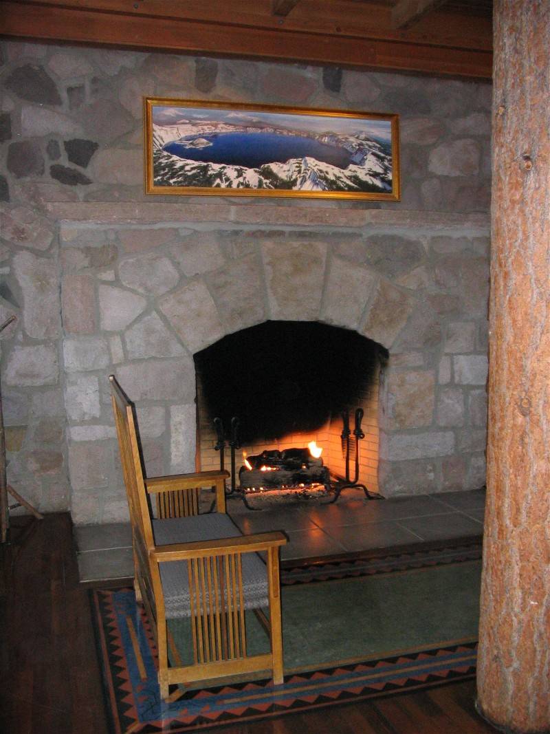 The  Crater Lake Lodges lobby fireplace