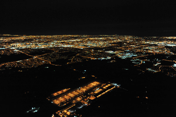 Night aerial of Toronto, Ontario, from the northwest