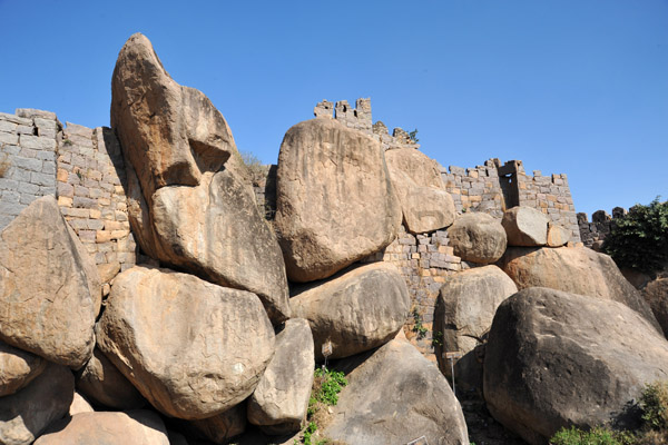 Massive boulders at the summit of Golconda Fort