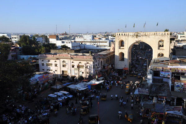 View to the north of the Charminar with one of the four gates of the old town
