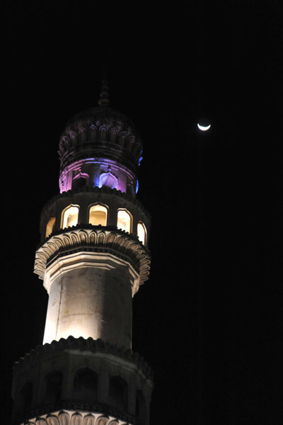 Minaret of the Charminar with the crescent moon