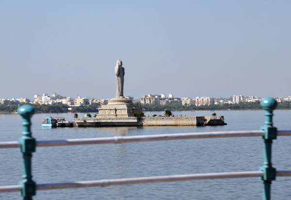Colossal statue of Buddha on an island in Hussain Sagar Lake, Hyderabad