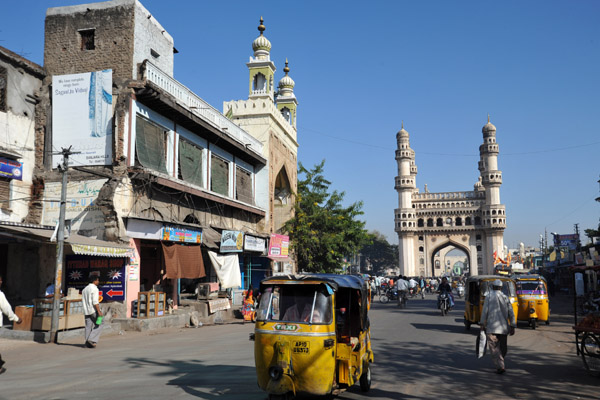Road south of the Charminar with the gate to the Mecca Masjid on the left