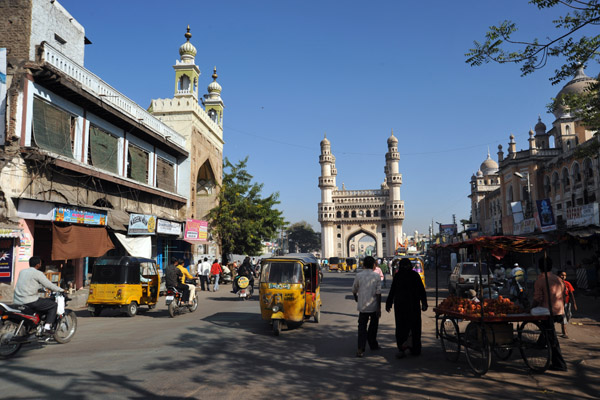 Road south of the Charminar with the gate to the Mecca Masjid on the left