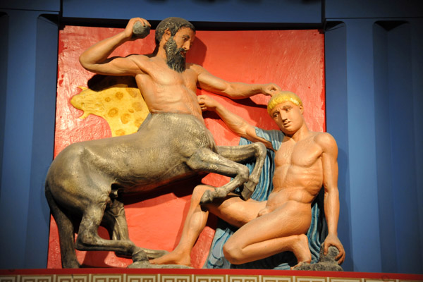 Full-color recreation of Centaur Trampling a Fallen Lapith from the Parthenon (south metope XXX)