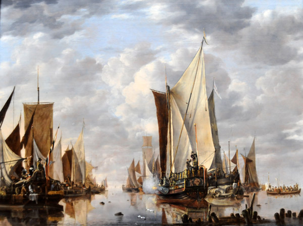 Shipping in a Calm at Flushing with a States General Yacht Firing a Salute, Jan van de Cappelle, 1649