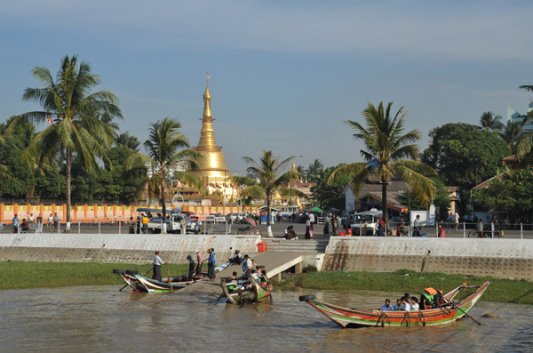 The gold stupa of the Botataung Pagoda behind the sampan jetty, Yangon