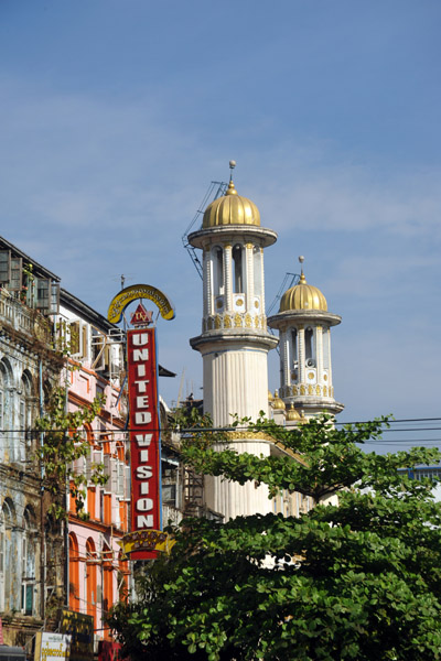 Twin minarets of the Moe Kya mosque on Shwebonthar Street, Yangon