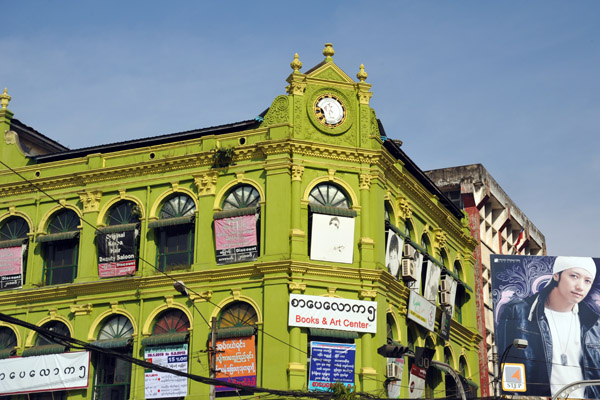 A fixed up old building in Yangon, now housing Beauty Saloons and Books & Art Center