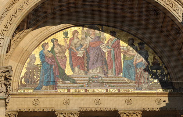 Mosaic over the main entrance-Birmingham Council House - Science, Art, Liberty, Municipality, Law Commerce, Industry