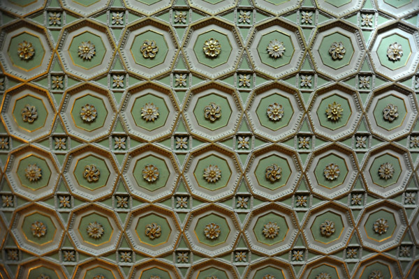 Coffered ceiling of the Green Drawing Room, inspired by the Temple of Bel in Palmyra