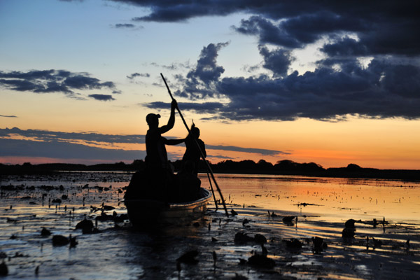 Silhouette of the polers after sunset, Bangweulu Swamps