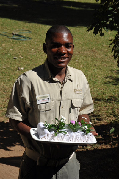 Costern welcomes us to Mvuu Lodge with refreshing cold towels