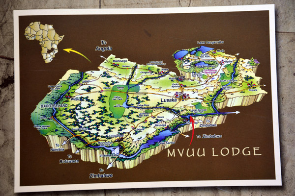 Map of Zambia showing the location of Mvuu Lodge