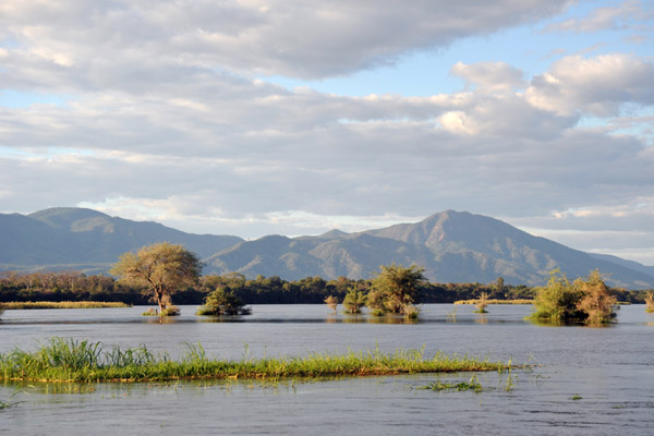 The Zambezi is very high - normall these are islands on the Zambian side of the river