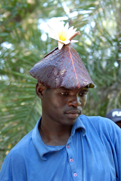 Botswana hat made with a lilly pad and flower