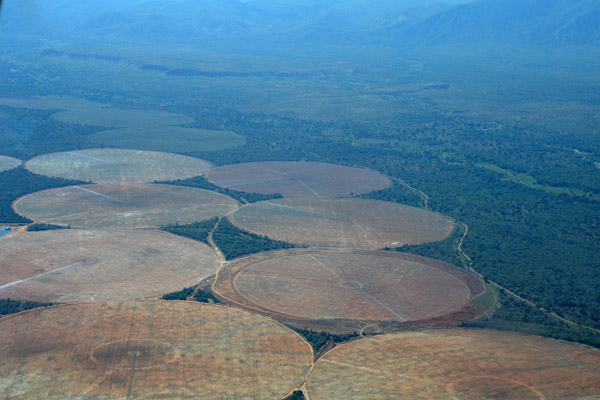 Zambian fields irrigated with river water near the confluence of the Kafue and Zambezi Rivers