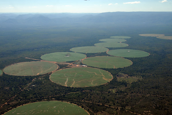 Zambian fields irrigated with river water near the confluence of the Kafue and Zambezi Rivers