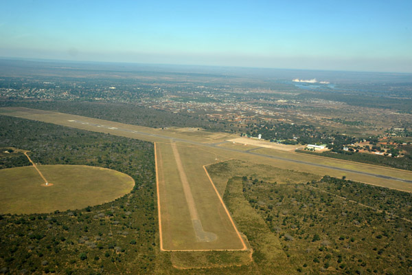 Livingstone Airport from the north with Victoria Falls in the background