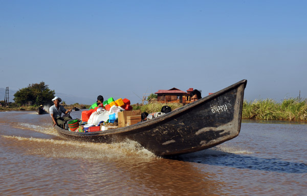 Heavily loaded cargo boat, Inle Lake