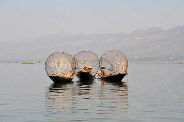 Three canoes with fish traps, Inle Lake