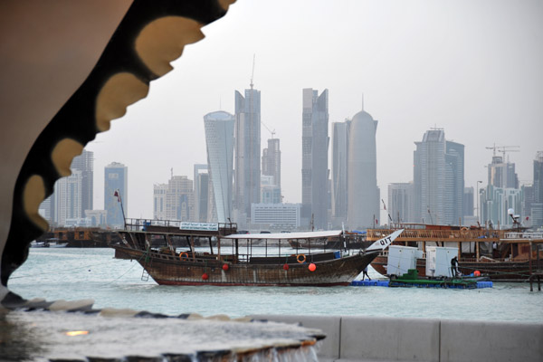 Pearl Monument with skyline and dhow harbor, Doha Corniche