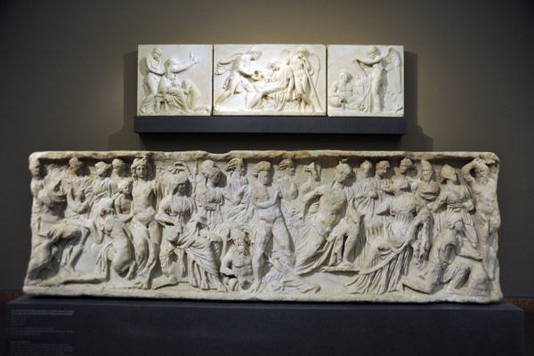 Sarcophagus with a depiction of the myth of Athena, Marsyas and Apollo, Roman ca 200 AD