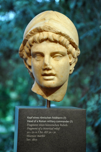 Head of a Roman military commander, fragment of a historical relief, 30-50 AD