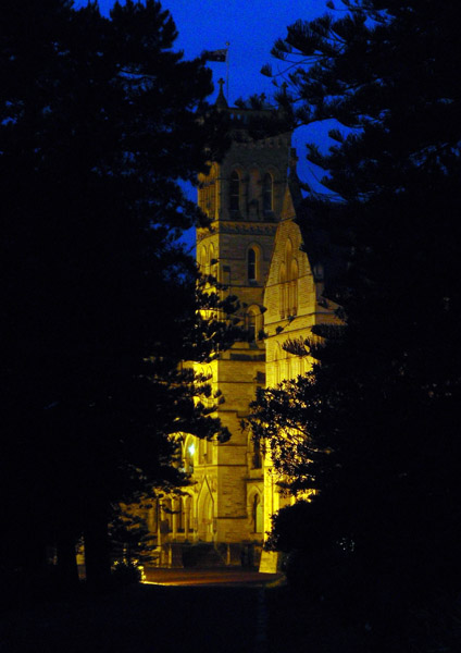 Manly church illuminated at night