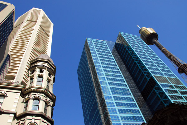 Looking up at the intersection of King Street and Pitt Street, Sydney