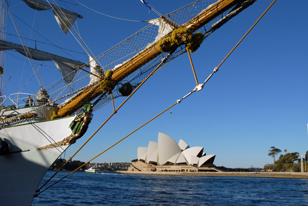 Bowsprit of the Cuauhtemoc with the Sydney Opera House