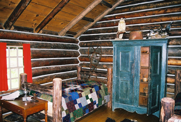 Interior of the rustic Beach Lodge, Shelburne Museum