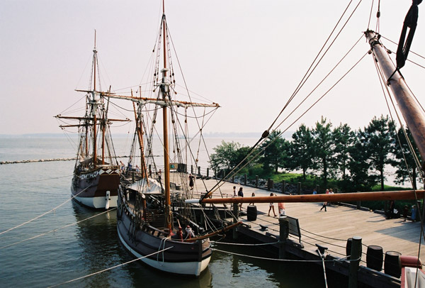 The recreated pier at Jamestown Settlement with replicas of the Godspeed (far) and Discovery (near)