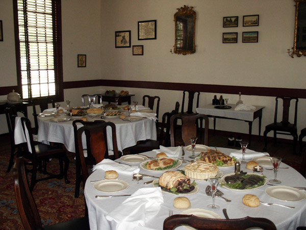 Tables set at a Colonial Williamsburg tavern