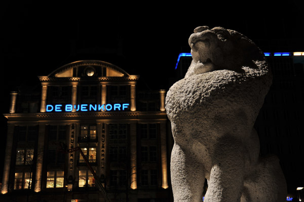 Statue of a Lion on Dam Square, Amsterdam at night