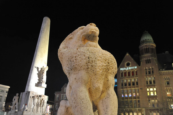 Statue of a Lion on Dam Square, Amsterdam at night
