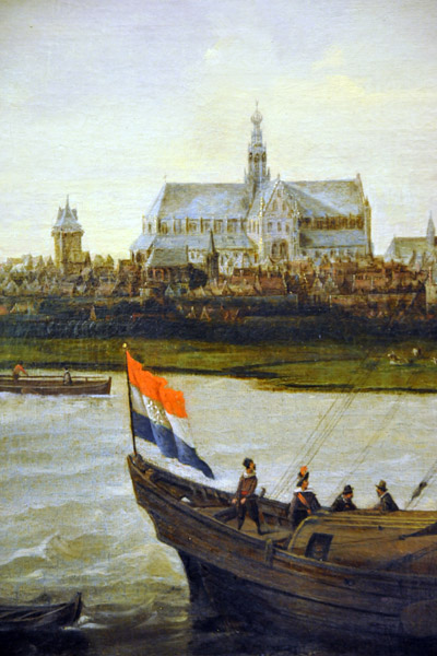Bavokerk and a ship with Holland's flag, H.C. Vroom, ca 1625