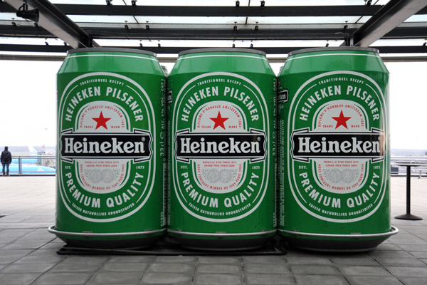 Giant cans of Heineken on the observation deck, Schiphol Airport