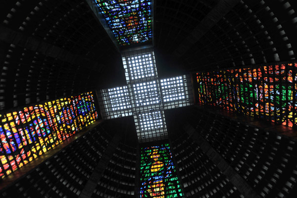 The four stained glass windows meet at a cross in the ceiling, Rio Cathedral
