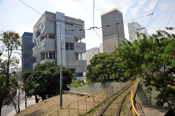 Santa Teresa Tram with the Petrobras Building, downtown Rio de Janeiro
