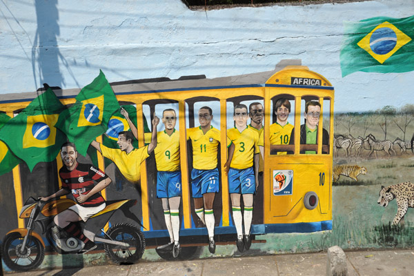 Mural - Santa Teresa Tram taking the Brazilian team to the FIFA World Cup in South Africa
