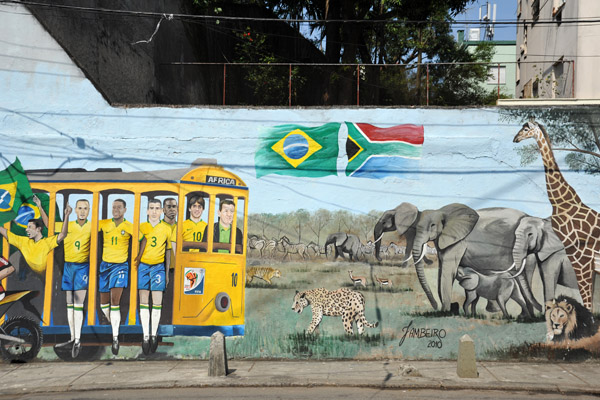Mural - Team Brazil on the Santa Teresa tram to South Africa for World Cup 2010