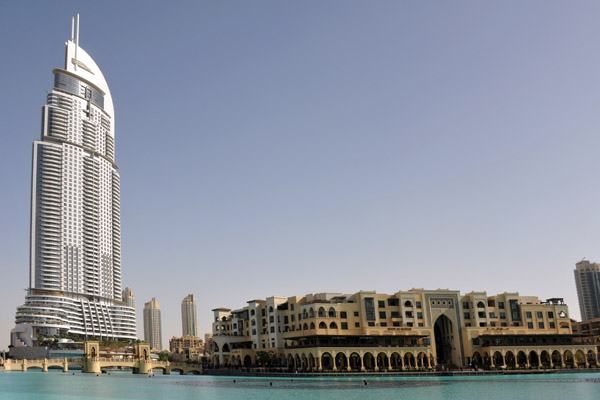 The Address and Souq al Baharl from Burj Khalifa side of the lake