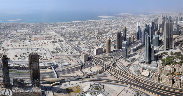 Panoramic view of Sheikh Zayed Road and the Gulf from Burj Khalifa