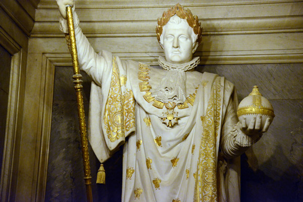 Statue of Napolon in his Coronation garb over looking the Tomb of his son, Napolon II, sculpted by Pierre-Charles Simart