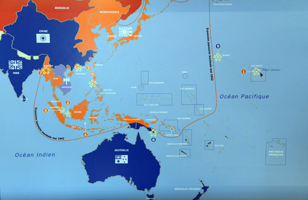 Map of World War II in the Pacific showing the maximum extend of Japanese expansion in May 1942