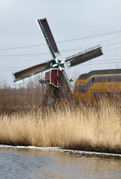 Dutch train passing the Lageveensemolen, Noordwijkerhout 
