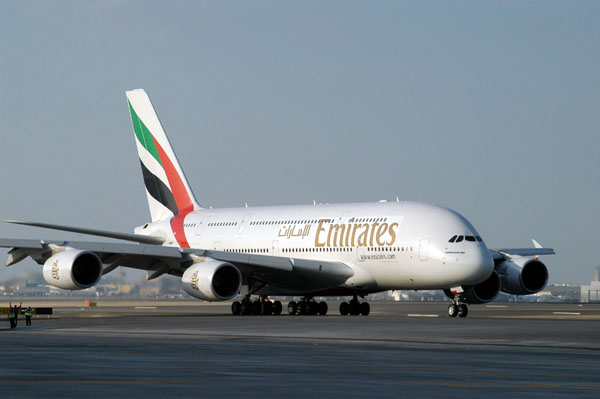 A380 in full Emirates livery taxiing by the flight line at the Dubai Airshow 2005