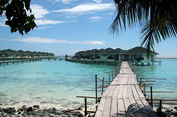 The water villas on the eastern shore of Paradise Island were still under repair from the Tsunami